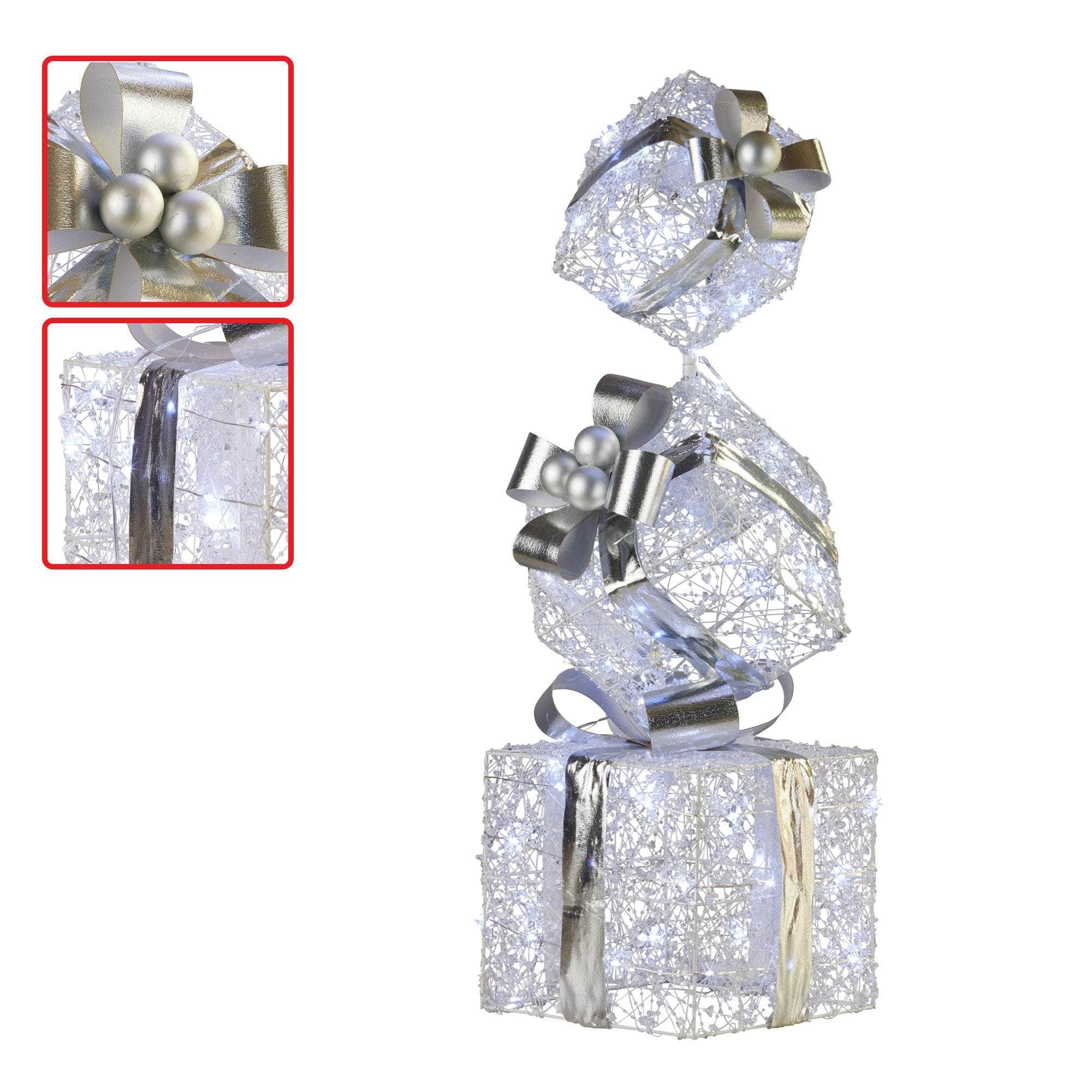 Silver colour - 83cm Triple Christmas Silver Giftbox Stack Display with Lights