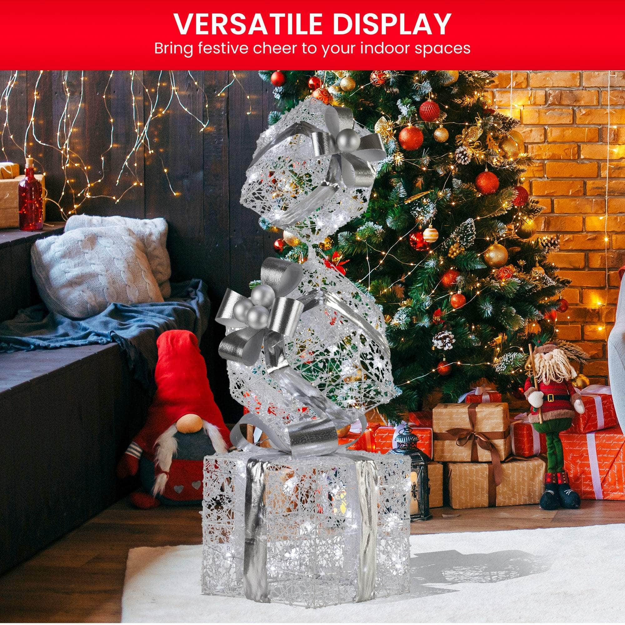 83cm Triple Christmas Silver Giftbox Stack Display with Lights | dsd