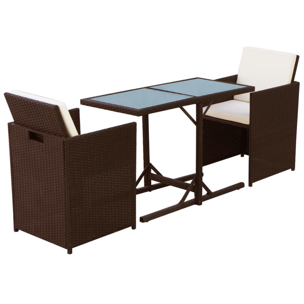 3 Piece Bistro Set with Cushions Poly Rattan Brown