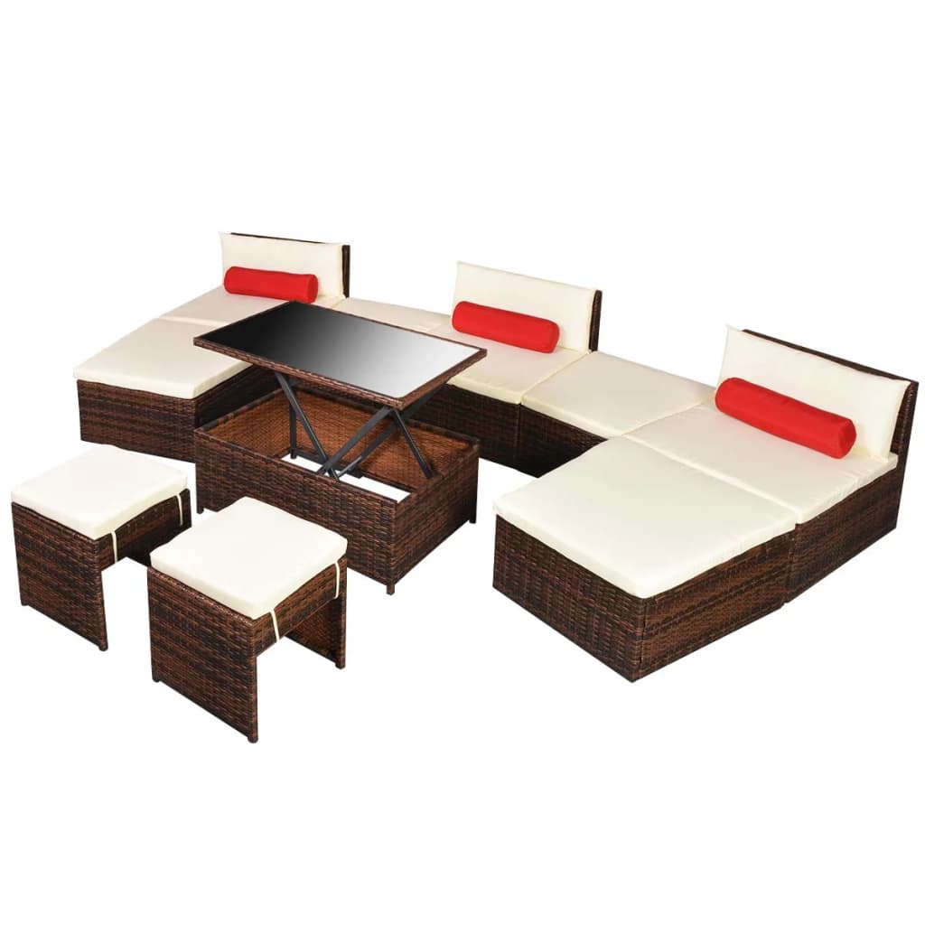 10 Piece Garden Lounge Set with Cushions Poly Rattan Brown