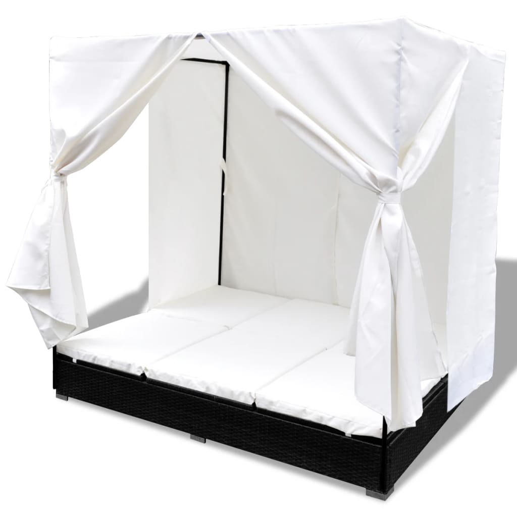 Outdoor Lounge Bed with Curtains Poly Rattan Black