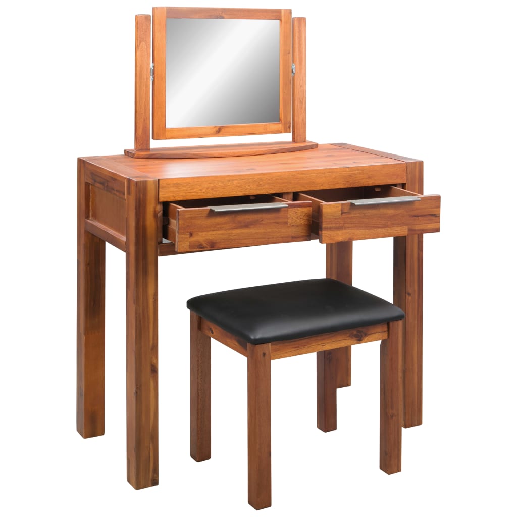 Dressing Table with Stool and Mirror Solid Acacia Wood