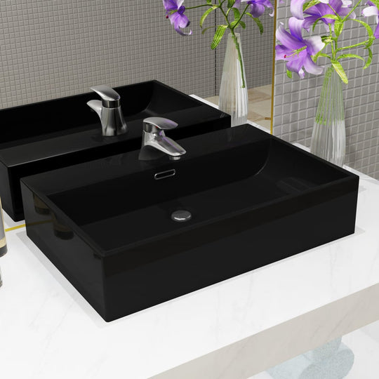 Basin with Faucet Hole Ceramic Black M - Bathroom Basins
