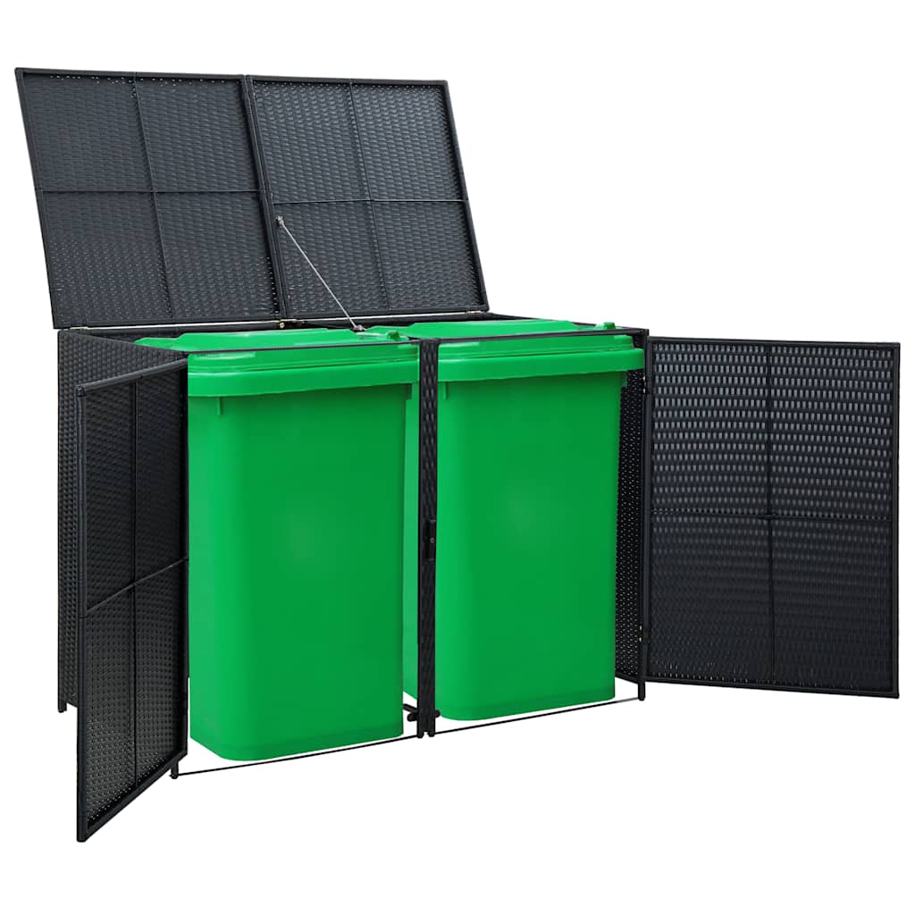 Double Wheelie Bin Shed Poly Rattan Black, Rattan finish