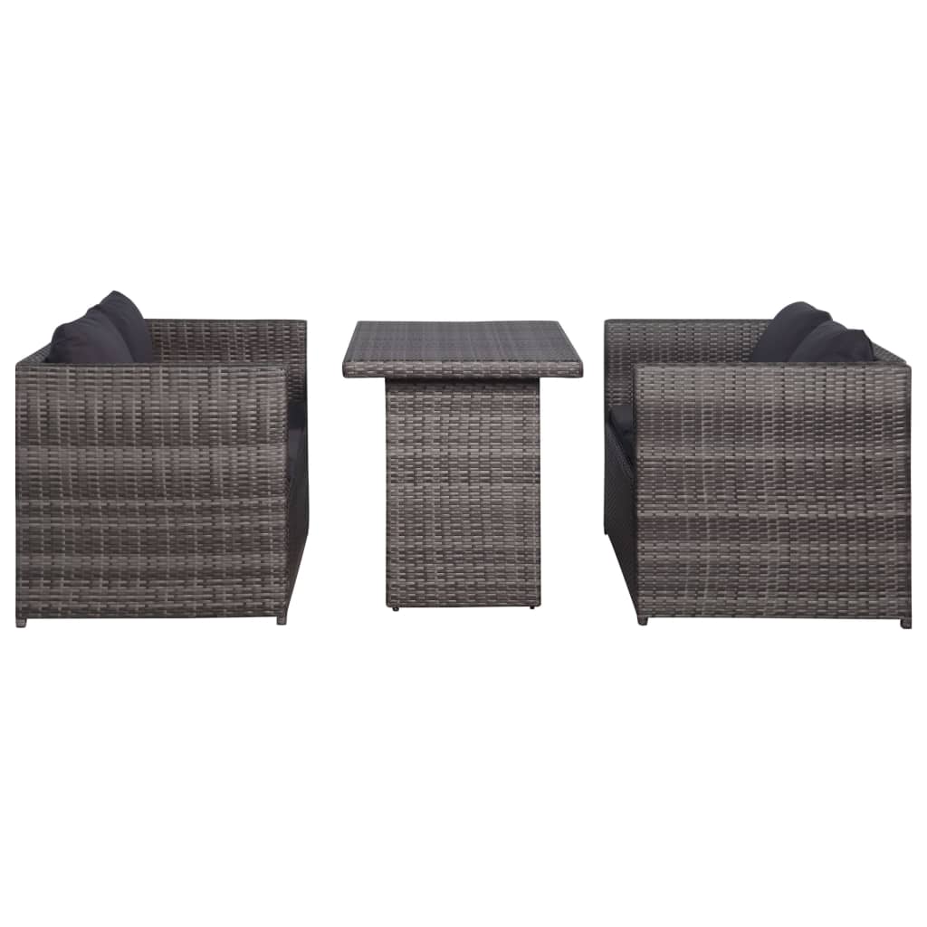 3 Piece Bistro Set Poly with Cushions Rattan Grey