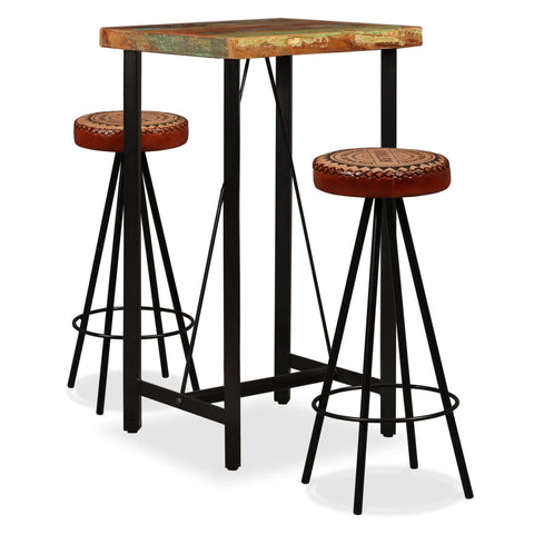 3 Piece Bar Set Solid Reclaimed Wood, Genuine Leather & Canvas