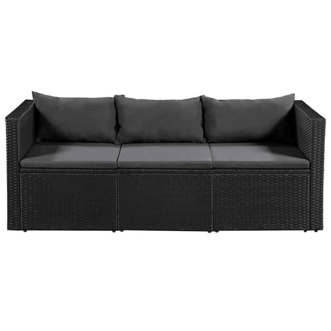 3 Seater Garden Sofa Black Poly Rattan with Grey Cushions