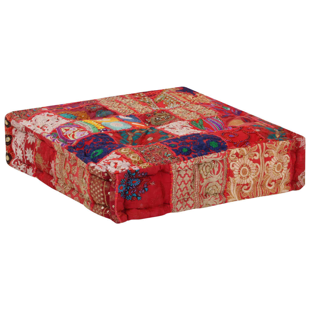Patchwork Pouffe Square Cotton Handmade Red