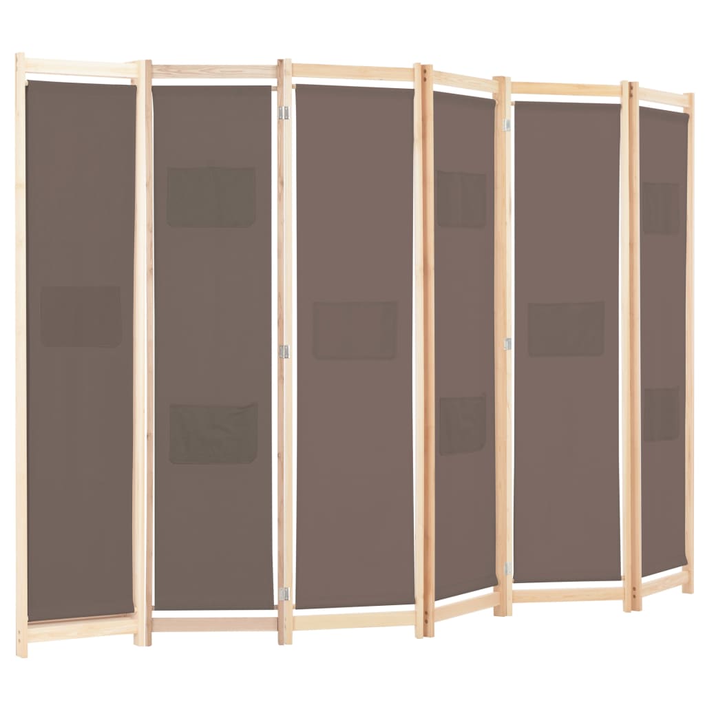 6-Panel Room Divider Brown Fabric