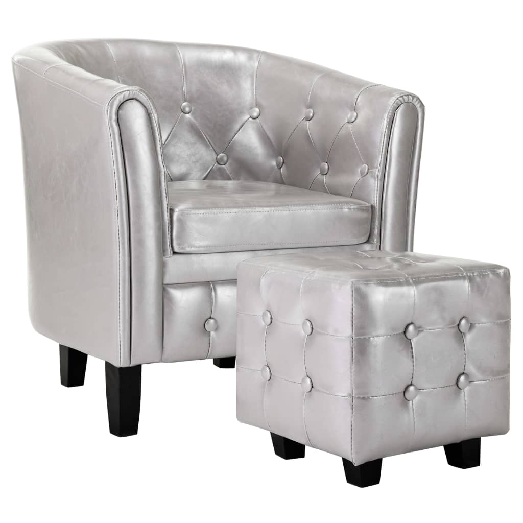 Tub Chair with Footstool Silver faux Leather