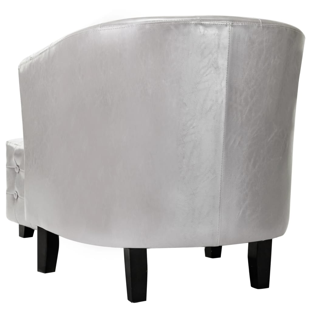 Tub Chair with Footstool Silver faux Leather