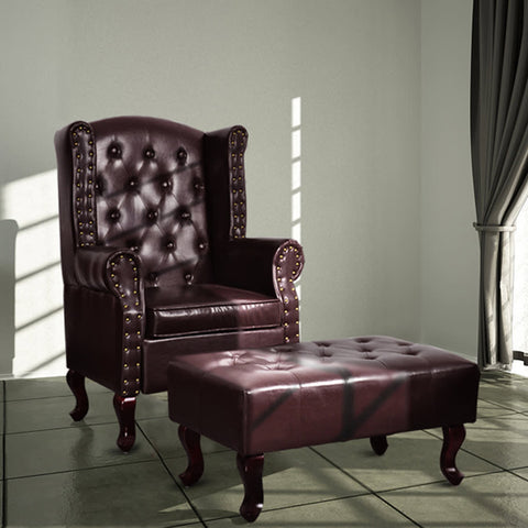Armchair with Footstool Dark Brown Leather