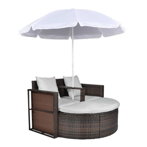 Garden Bed with Parasol Brown Poly Rattan