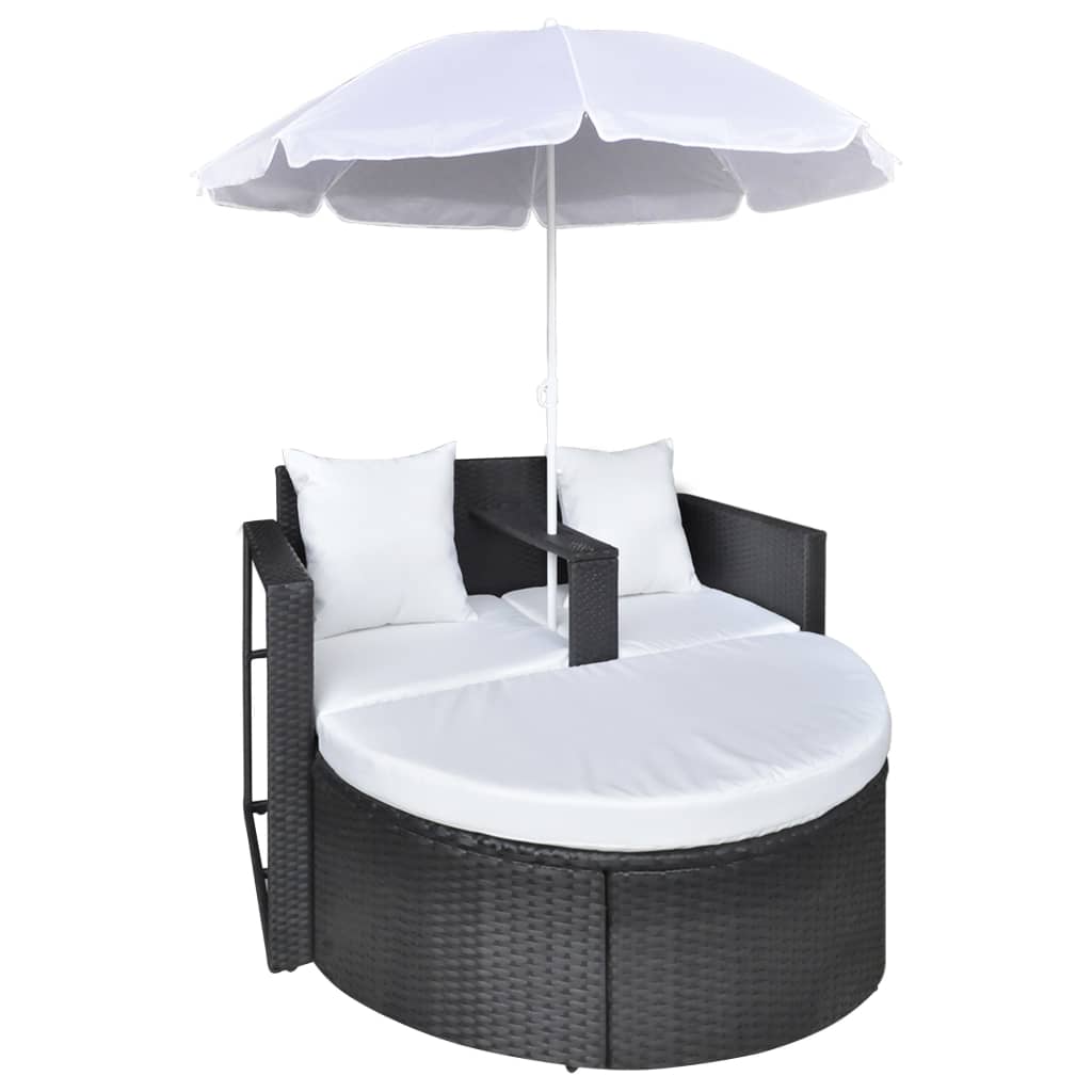 Outdoor Beds - Garden Bed with Parasol Black Poly Rattan