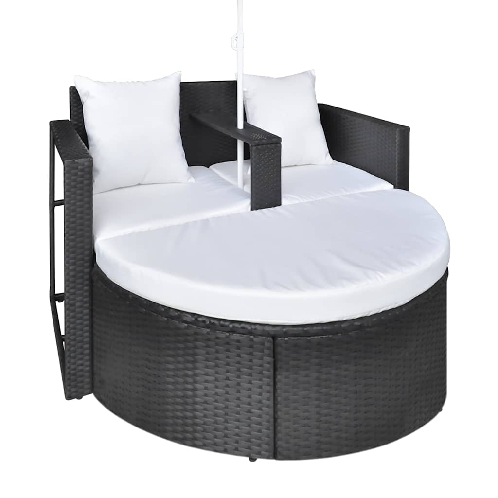 Garden Bed with Parasol Black Poly Rattan | Outdoor Beds