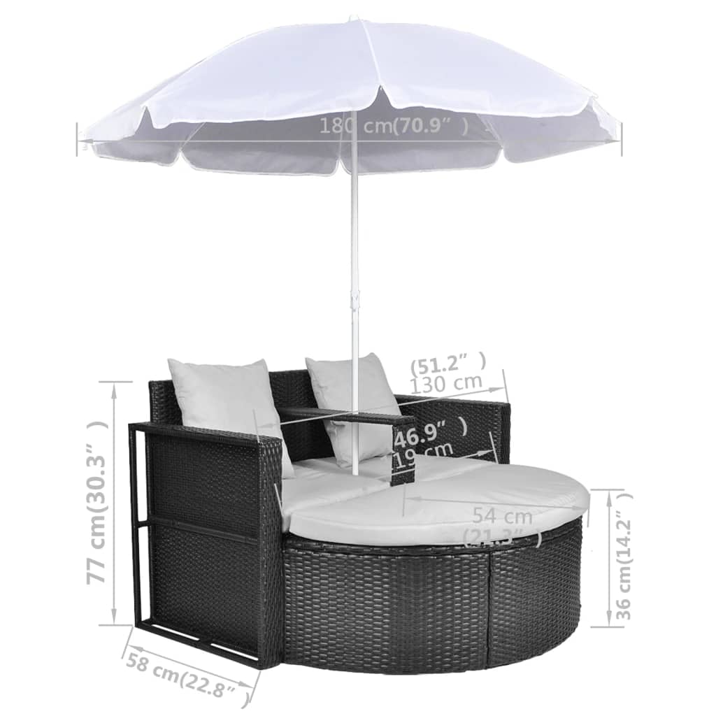 Garden Bed with Parasol Black Poly Rattan, Outdoor Beds