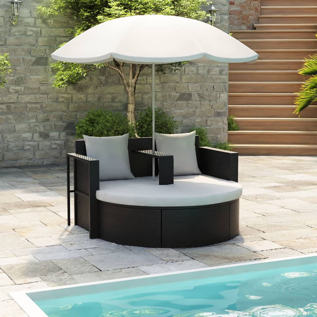 Garden Bed with Parasol Black Poly Rattan - Outdoor Beds