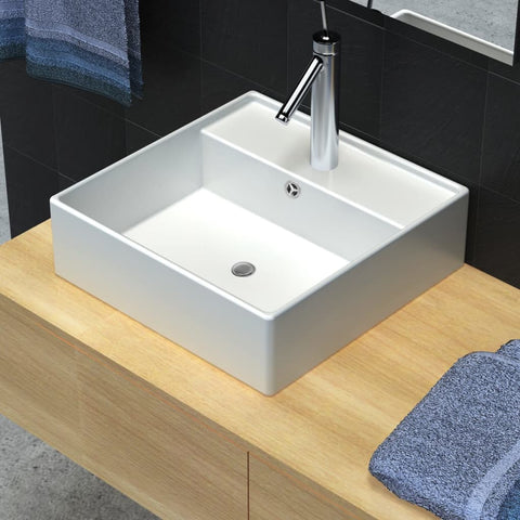Ceramic Basin Square with Overflow and Faucet Hole