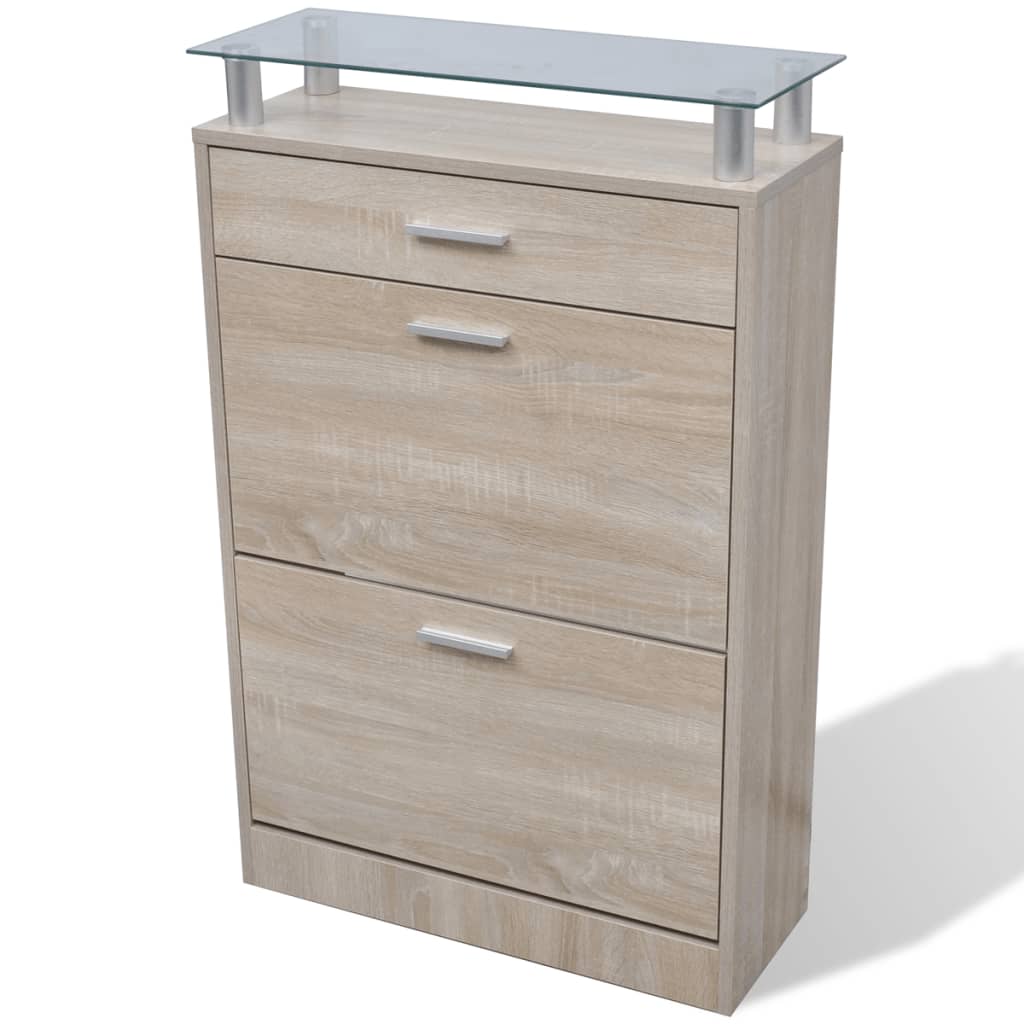 Shoe Cabinet with a Drawer and a Top Glass Shelf Wood Oak Look