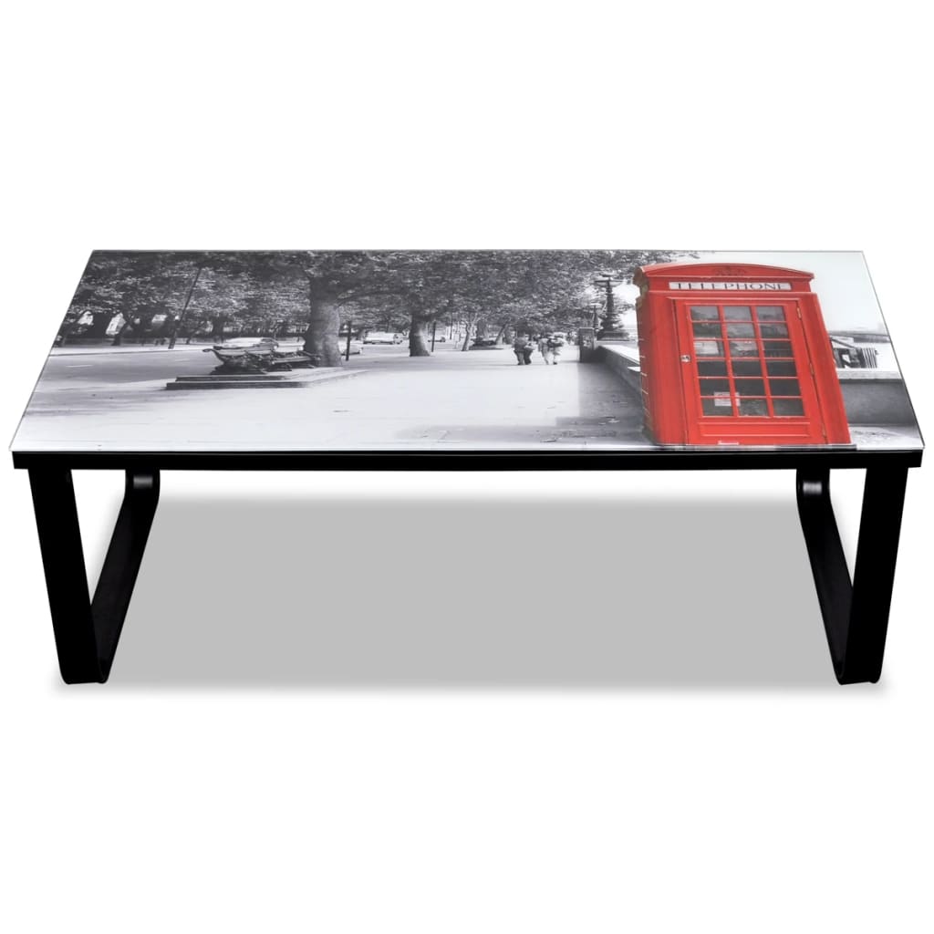 Coffee Table with Telephone Booth Printing Glass Top