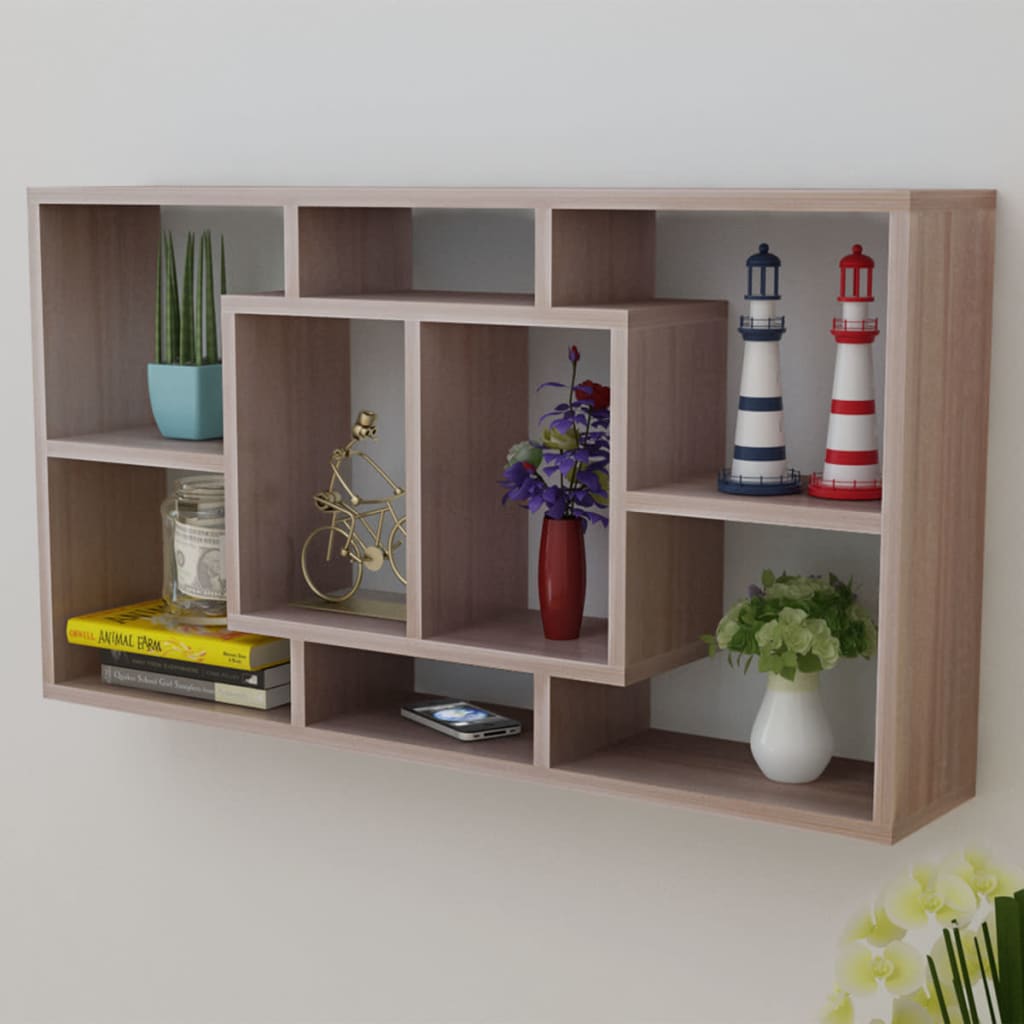 Floating Wall Display Shelf 8 Compartments Oak Colour