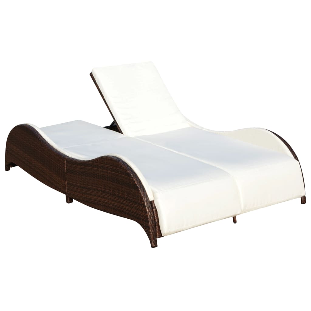 Double Sun Lounger with Cushion Poly Rattan Brown