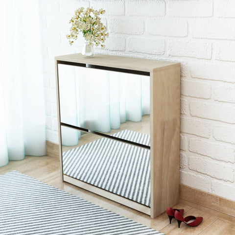 Shoe Cabinet 2-Layer Mirror Oak