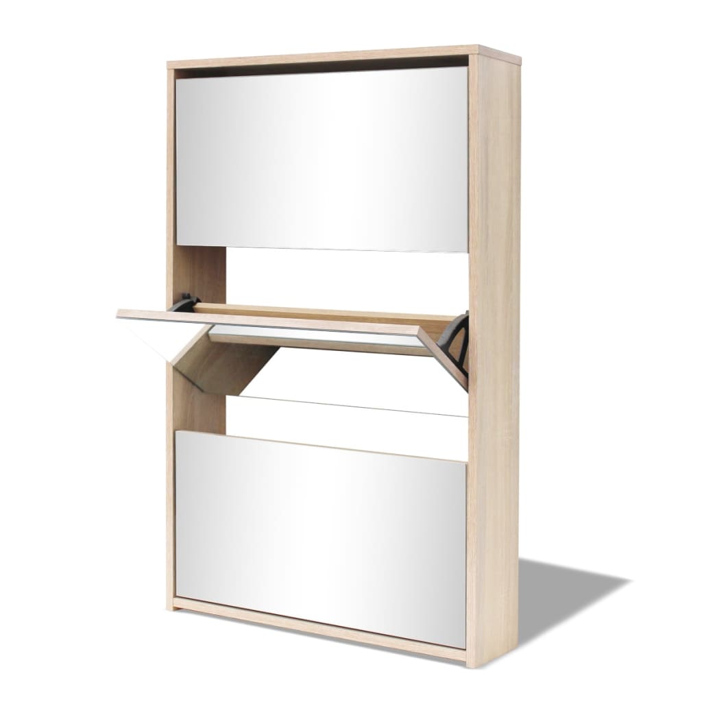 Shoe Cabinet 3-Layer Mirror Oak