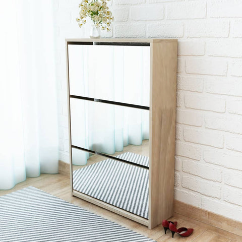 Shoe Cabinet 3-Layer Mirror Oak