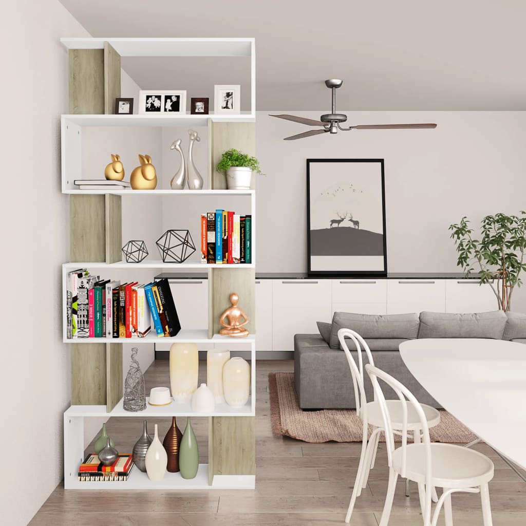 Book Cabinet/Room Divider  White and Sonoma Oak Chipboard