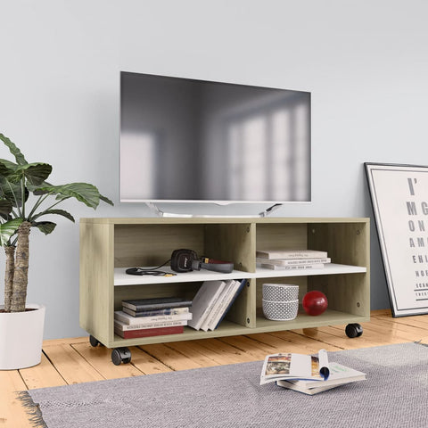 TV Cabinet with Castors White and Sonoma Oak Chipboard