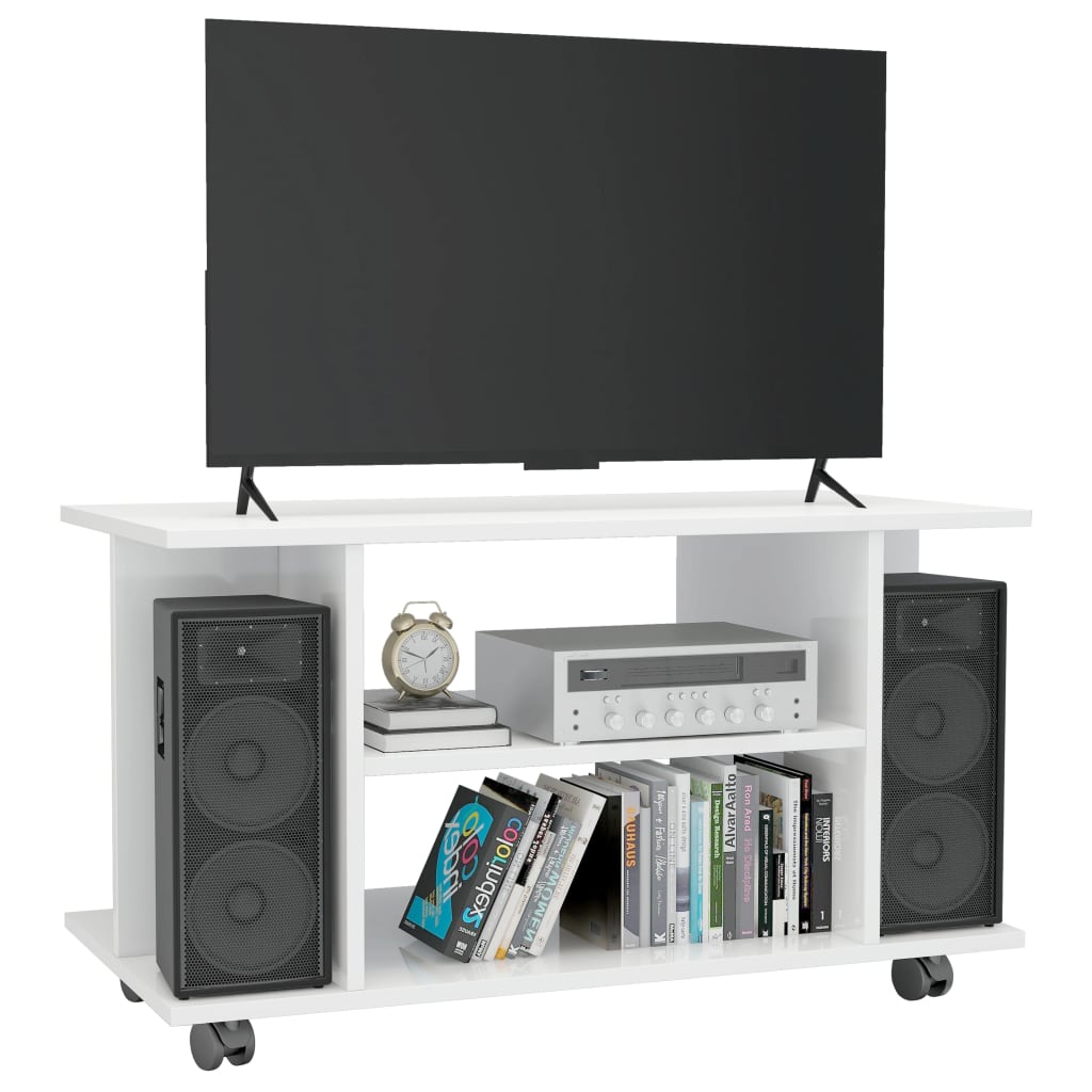 TV Cabinet with Castors High  Gloss White Chipboard