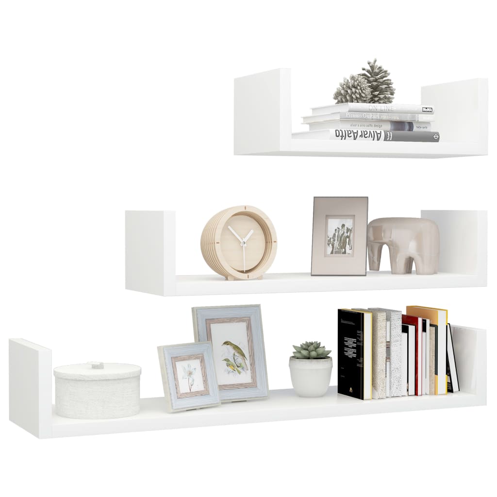 Wall Display Shelf 3 pcs High Gloss White Chipboard