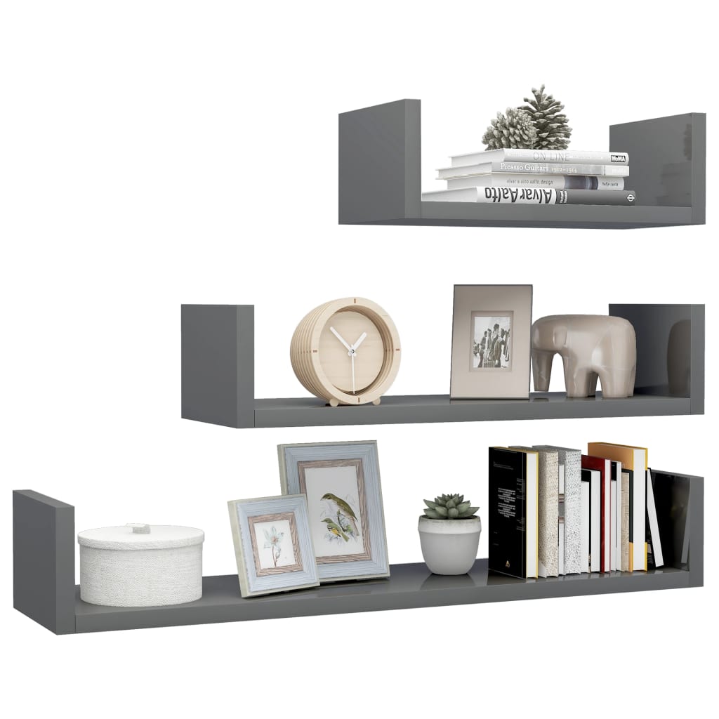 Wall Display Shelf 3 pcs High Gloss Grey Chipboard