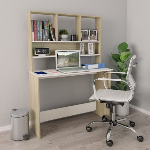 Desk with Shelves White and Sonoma Oak Chipboard