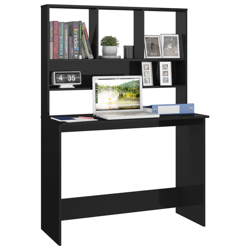 Desk with Shelves High Gloss Black Chipboard