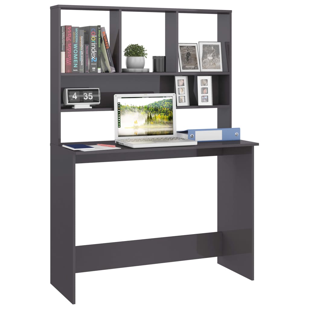 Desk with Shelves High Gloss Grey Chipboard