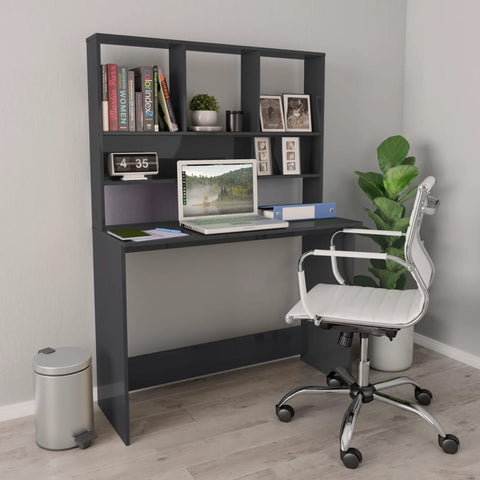 Desk with Shelves High Gloss Grey Chipboard