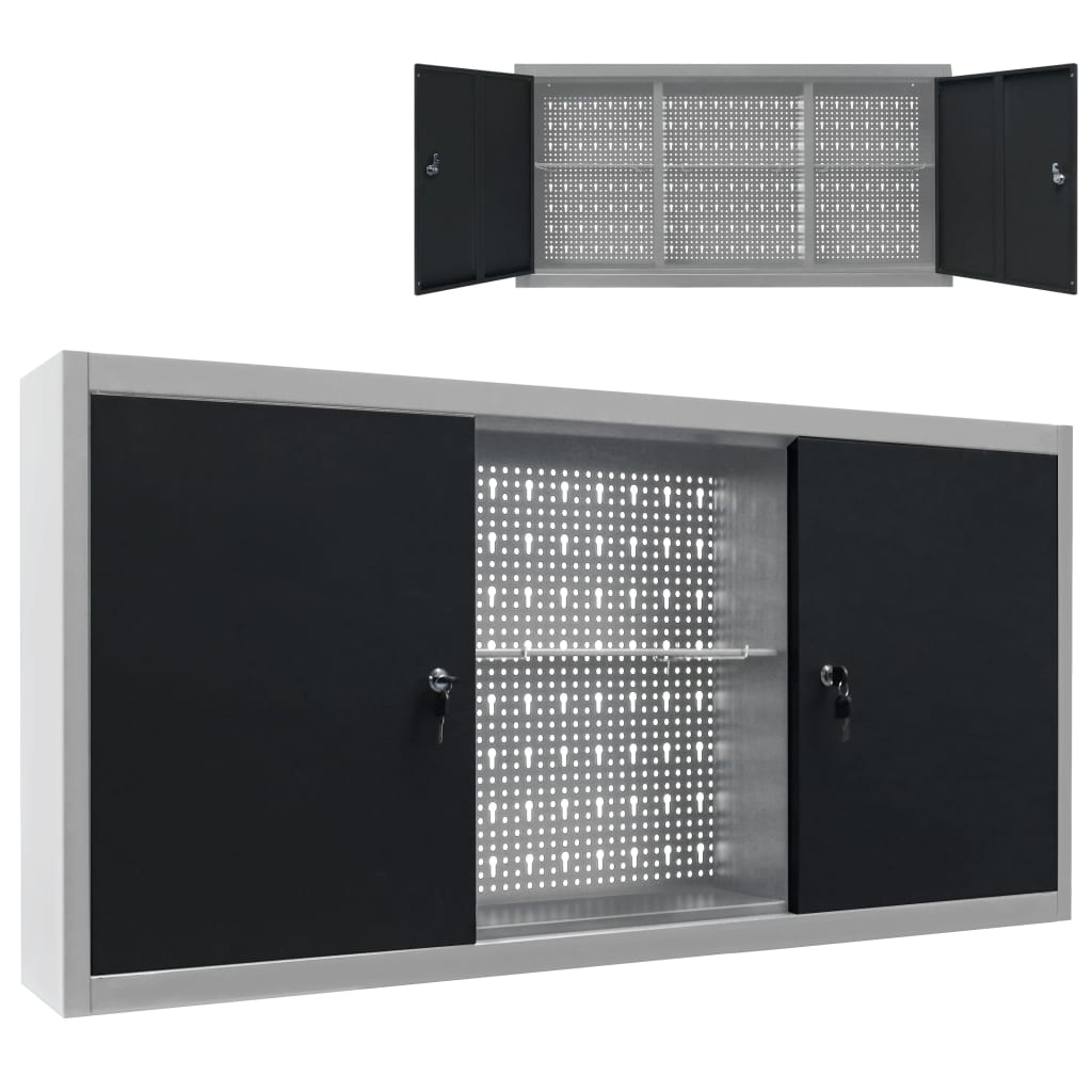 Wall Mounted Tool Cabinet Industrial Style Metal Grey and Black - Tool Cabinets