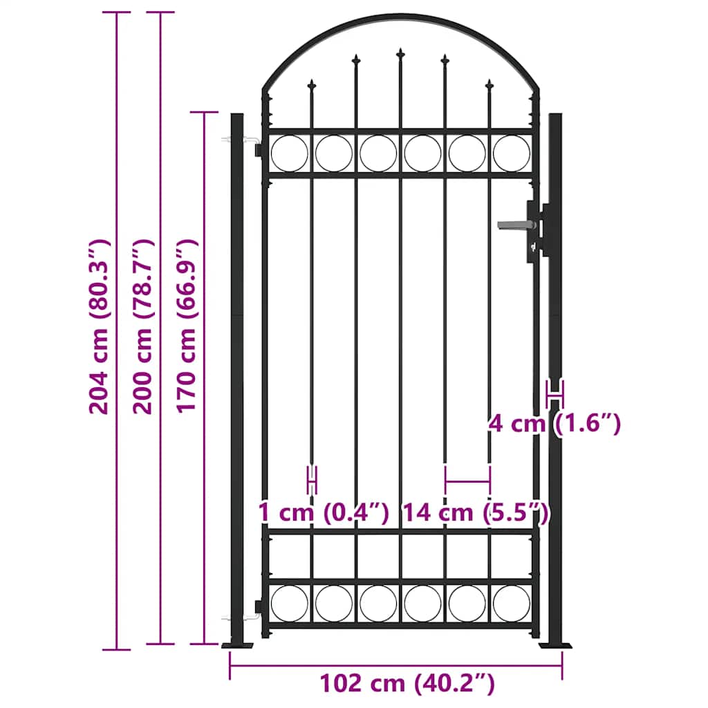 Arched Steel Fence Gate Black 105x170cm | Simpledeals