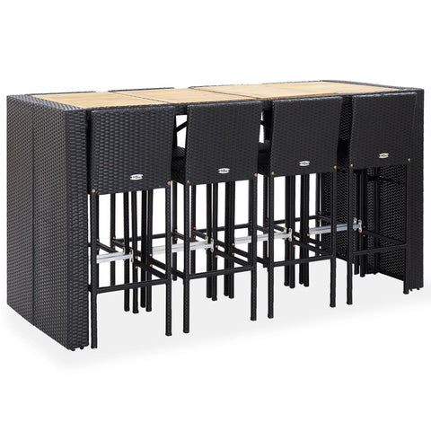 9 Piece Outdoor Bar Set Poly Rattan and Acacia Wood Black