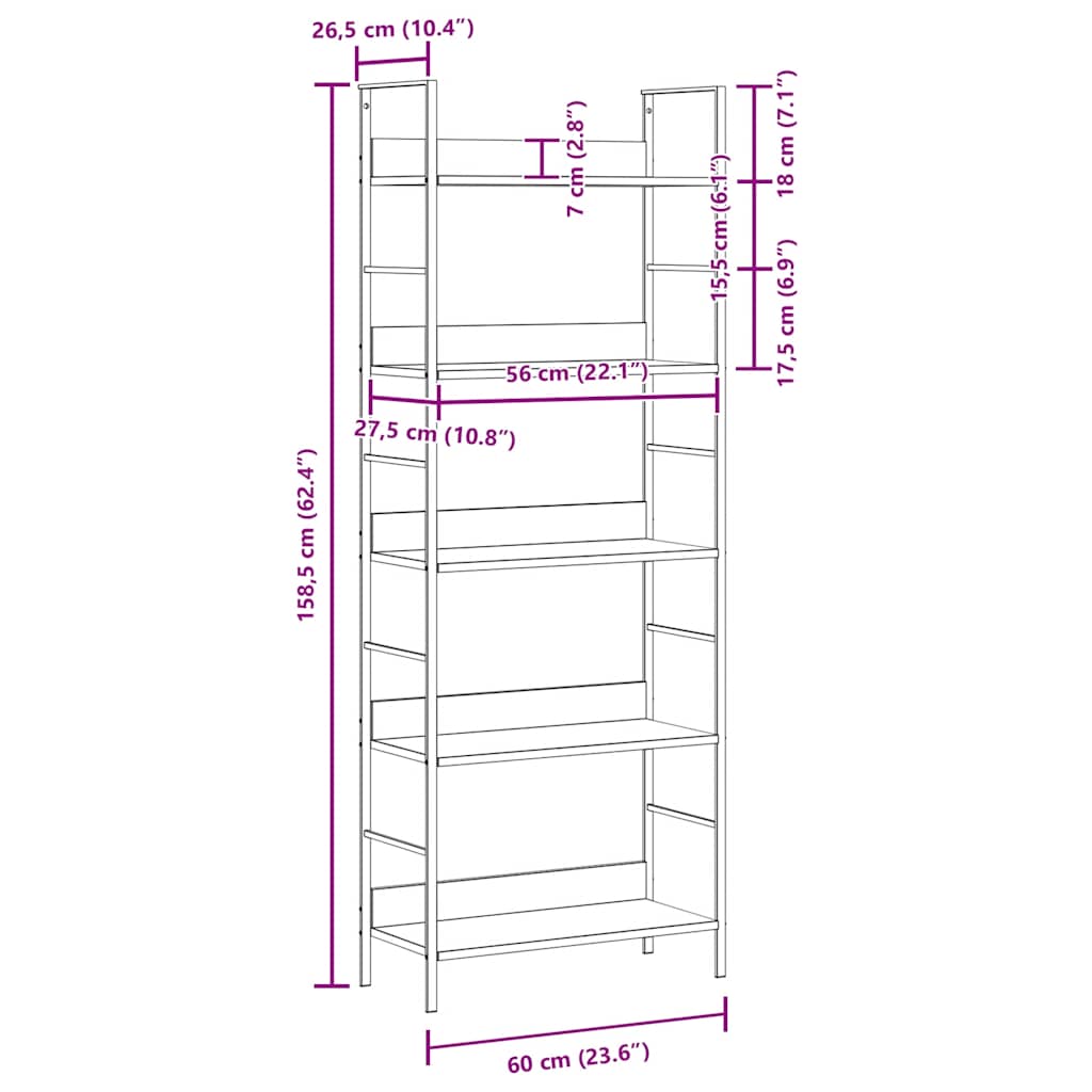5-Tier Bookshelf Oak 158cm Engineered Wood | Simpledeals