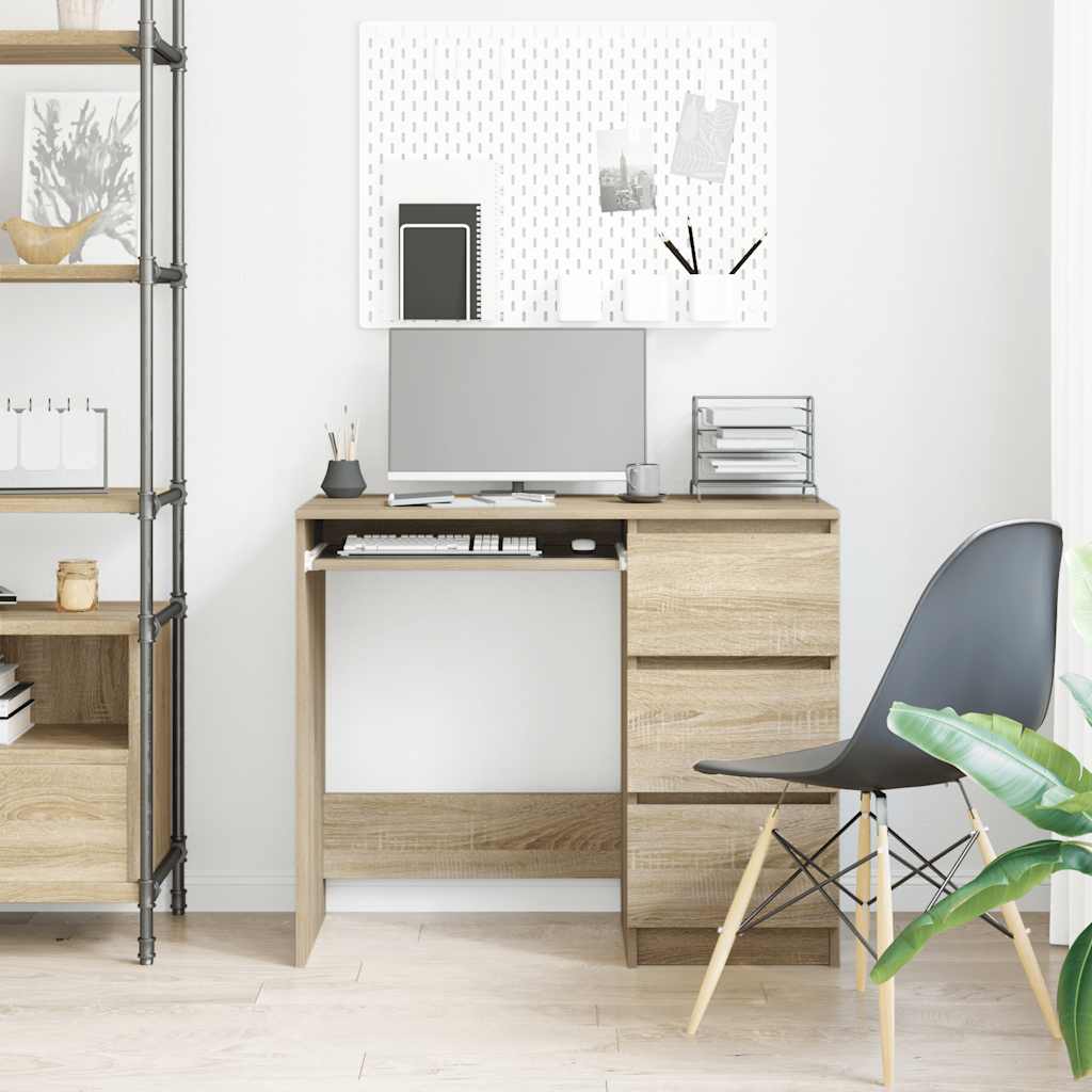 Sonoma Oak Desk 3 Drawers 90cm Engineered Wood | Simpledeals