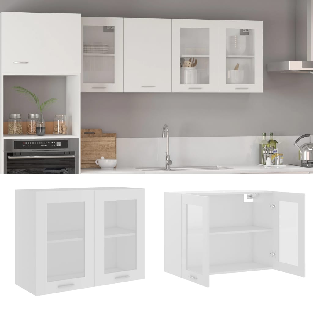 Glass Door Wall Cabinet White 80cm Kitchen Storage | Simpledeals