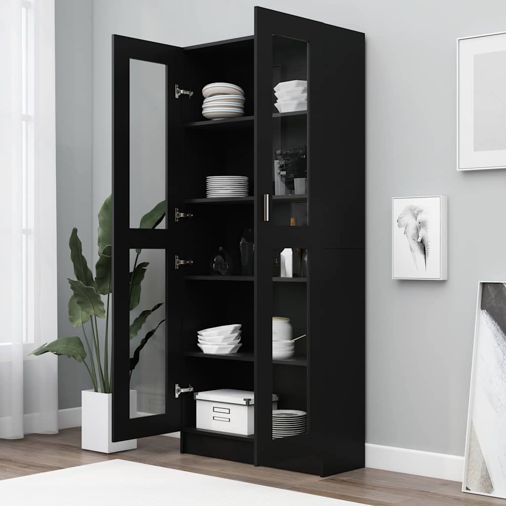 Black Display Cabinet Vitrine 185cm Glass Doors | Simpledeals