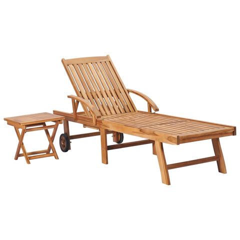 Sun Lounger with Table and Cushion Solid Teak Wood