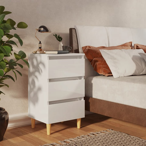 Bed Cabinet with Solid Wood Legs High Gloss White
