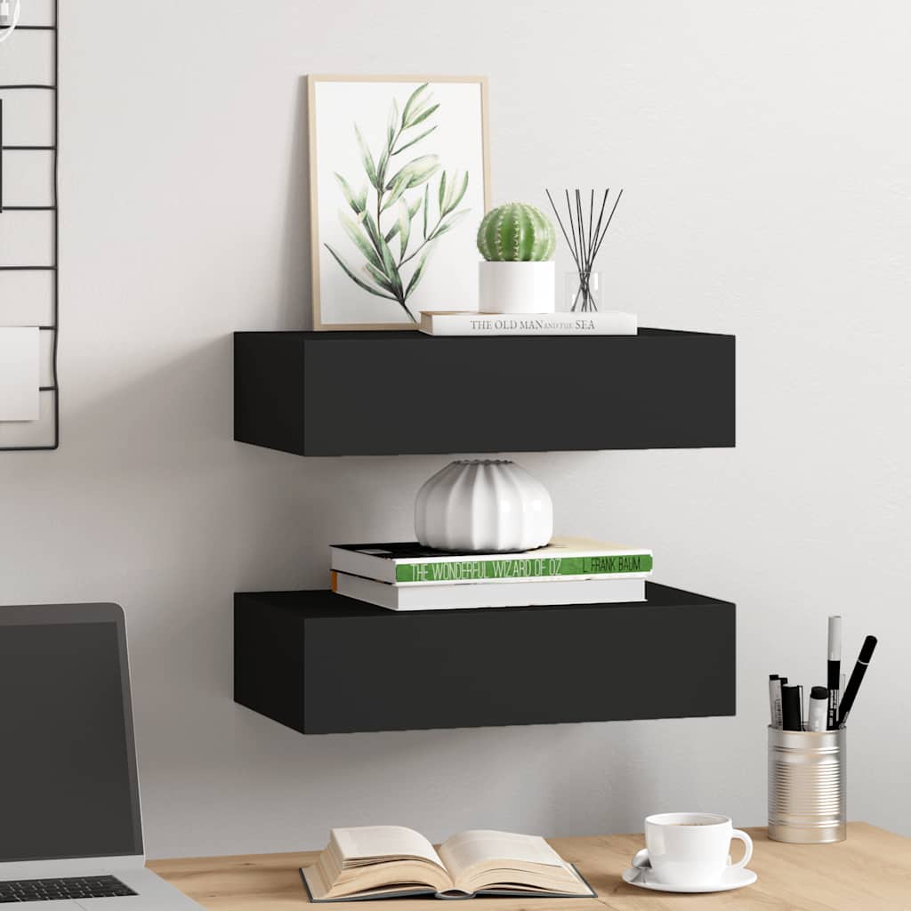 Wall-Mounted Drawer Shelves Set 2 Black MDF | Simpledeals