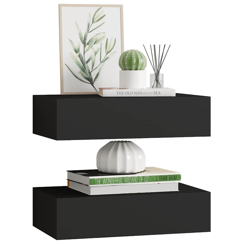 Wall-Mounted Drawer Shelves Set 2 Black MDF | Simpledeals