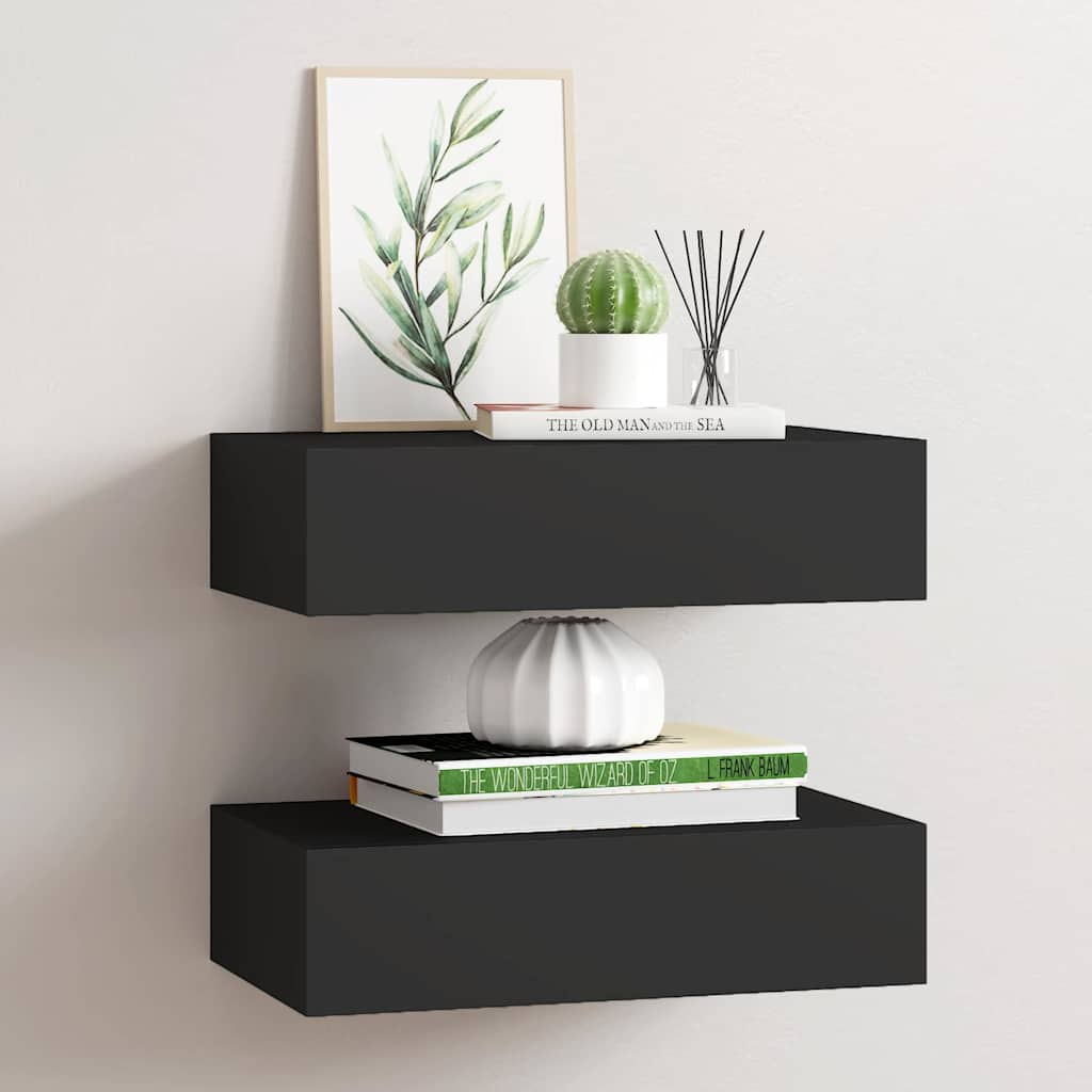 Wall-Mounted Drawer Shelves Set 2 Black MDF | Simpledeals
